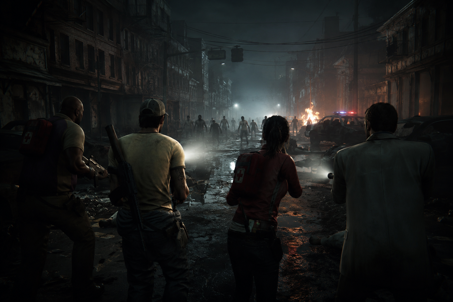 Illustration évocatrice de Left 4 Dead : quatre survivants face à une horde