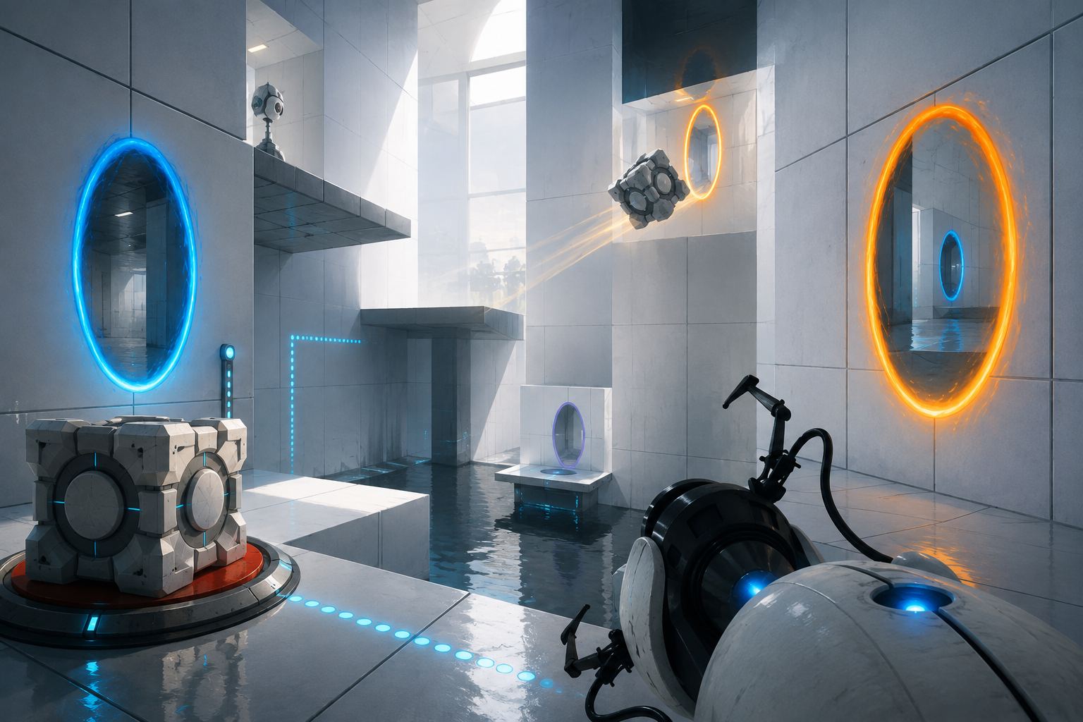 Illustration évocatrice de Portal : chambre de test avec portails bleu et orange